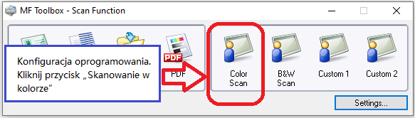 Konfiguracja oprogramowania. Kliknij przycisk „Skanowanie w kolorze”