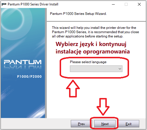 Wybierz język i kontynuuj instalację oprogramowania