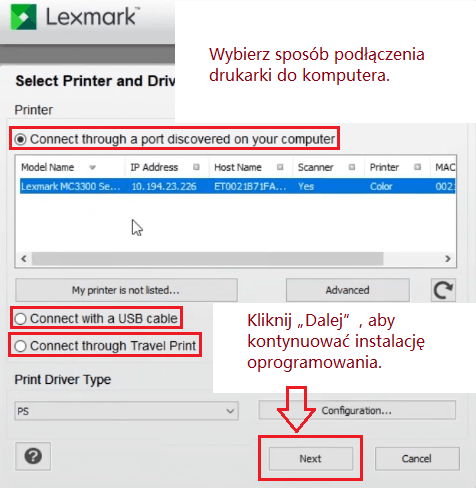 Wybierz sposób podłączenia drukarki do komputera. Kliknij „Dalej”, aby kontynuować instalację oprogramowania.