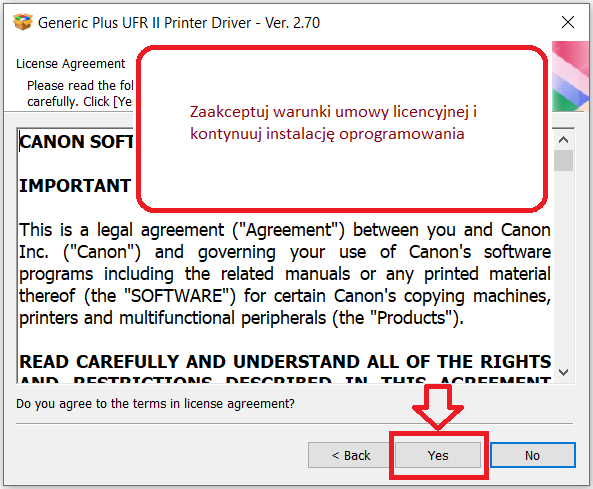 Zaakceptuj warunki umowy licencyjnej i kontynuuj instalację oprogramowania.