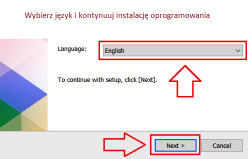 Wybierz język i kontynuuj instalację oprogramowania.