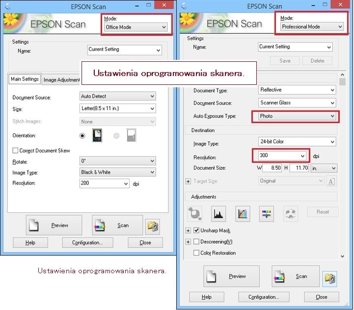 Ustawienia oprogramowania skanera
