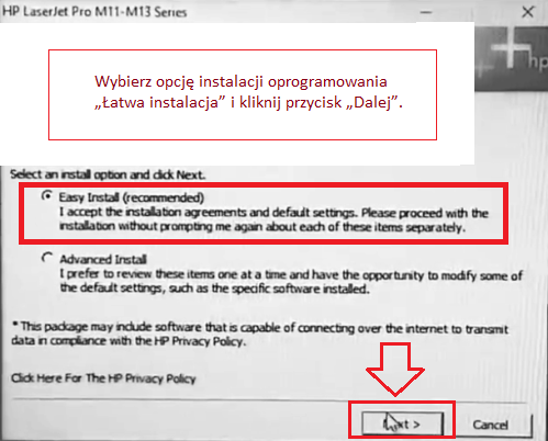 Wybierz opcję instalacji oprogramowania „Łatwa instalacja” i kliknij przycisk „Dalej”.