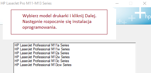 Wybierz model drukarki i kliknij Dalej. Następnie rozpocznie się instalacja oprogramowania.