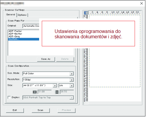 Ustawienia oprogramowania do skanowania dokumentów i zdjęć.