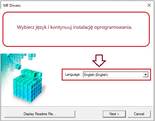 Wybierz język i kontynuuj instalację oprogramowania.