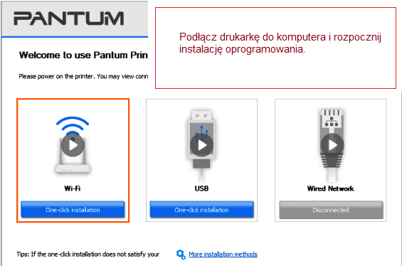 Podłącz drukarkę do komputera i rozpocznij instalację oprogramowania.