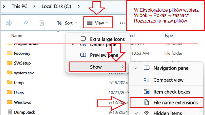 W Eksploratorze plików wybierz Widok → Pokaż → zaznacz Rozszerzenia nazw plików