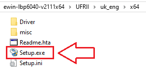 Otwórz go, znajdź folder [UFRII → uk_eng → x64], a następnie uruchom plik [Setup.exe]