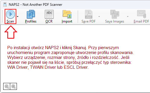 Po instalacji otwórz NAPS2 i kliknij Skanuj